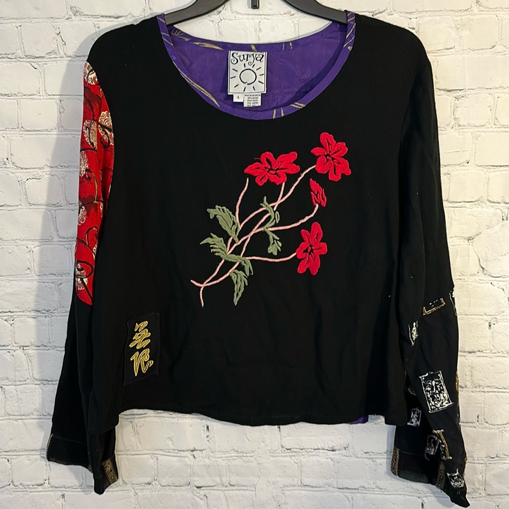 Women's Black Long Sleeve Top with Red Floral Design